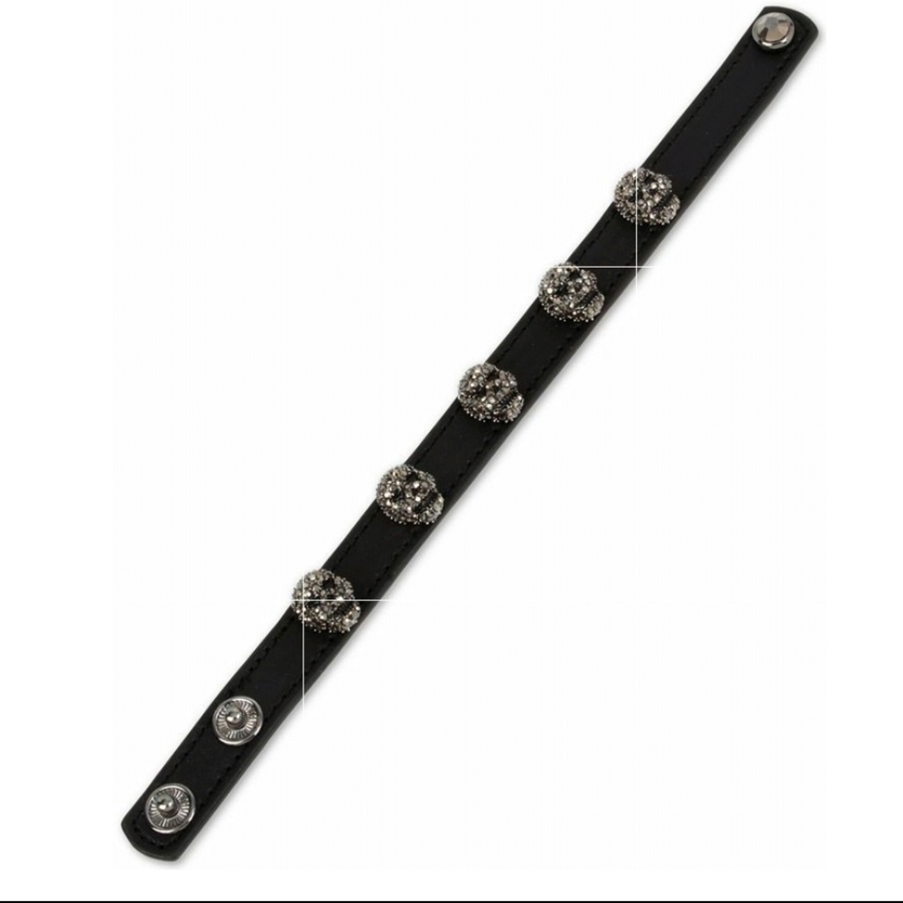 Betsey Johnson Rare Grey /Gunmetal Pave Crystal Skull Leather Snap Bracelet